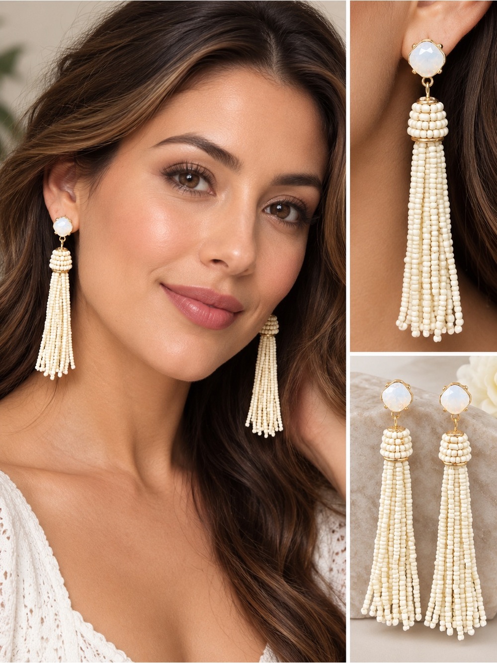 Ivory Beaded Tassel Earrings with Opal-Style Stud - Women Jewelry